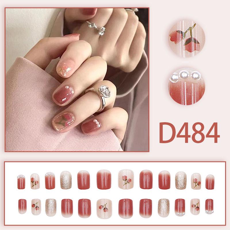 Elegant Rhinestone Flower & Pearl Nail Art Stickers - Short Style Wearable Fake Nails D484