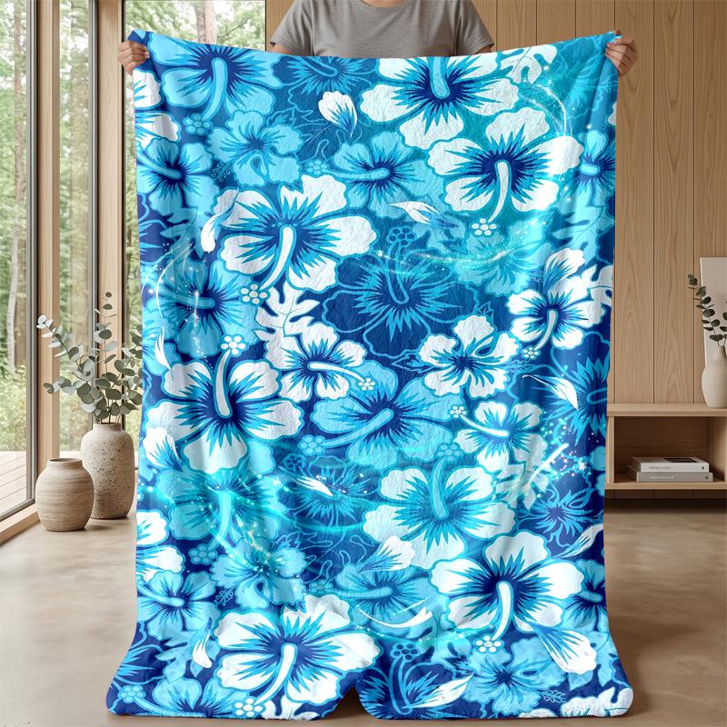 Blue Hibiscus Pattern Blanket Personalized Name Flannel Blanket Soft Cozy Plush Throw for Sofa Bed Lightweight Home Decor
