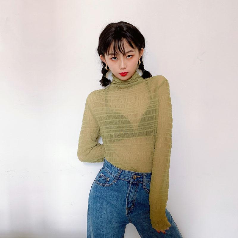 Mesh Top Slim Perspective Long Sleeve Turtleneck Shirt
