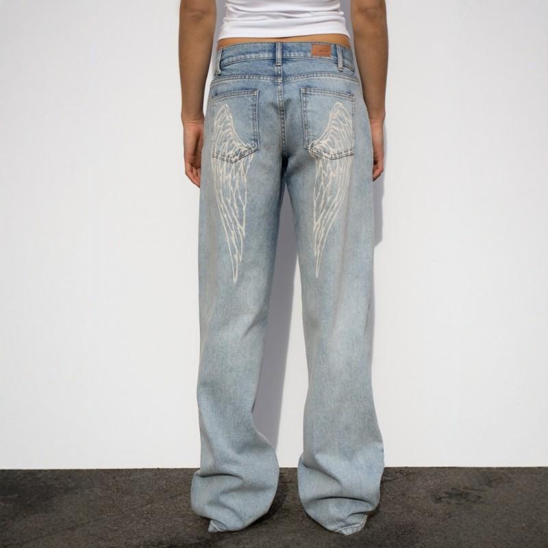 Womens Y2K Angel Wings Print Jeans High Waist Loose Straight Leg Washed Distressed Wide Trousers