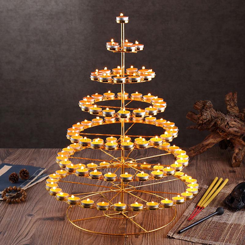 Buddhist Ghee Lamp Holder - Seven Stars Oil Lamp with Lotus Design for Temple Offerings and Everlasting Candle Display.