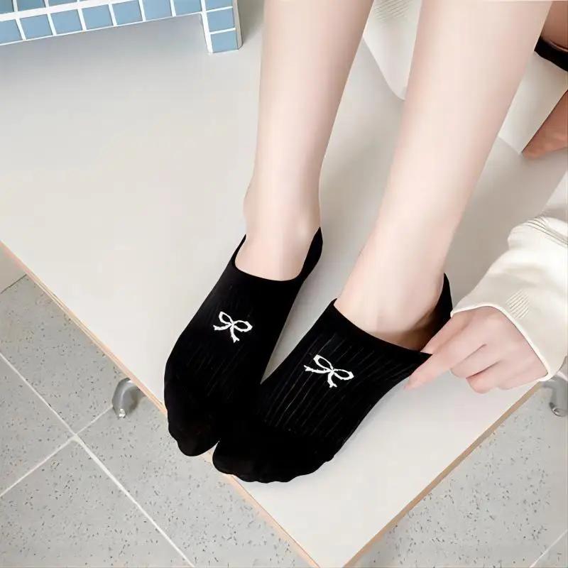 5 Pairs Women Ankle Socks Summer Bow Print Breathable Non-Slip Stay-Up Heel Trendy Korean Style  Fashion Casual Socks