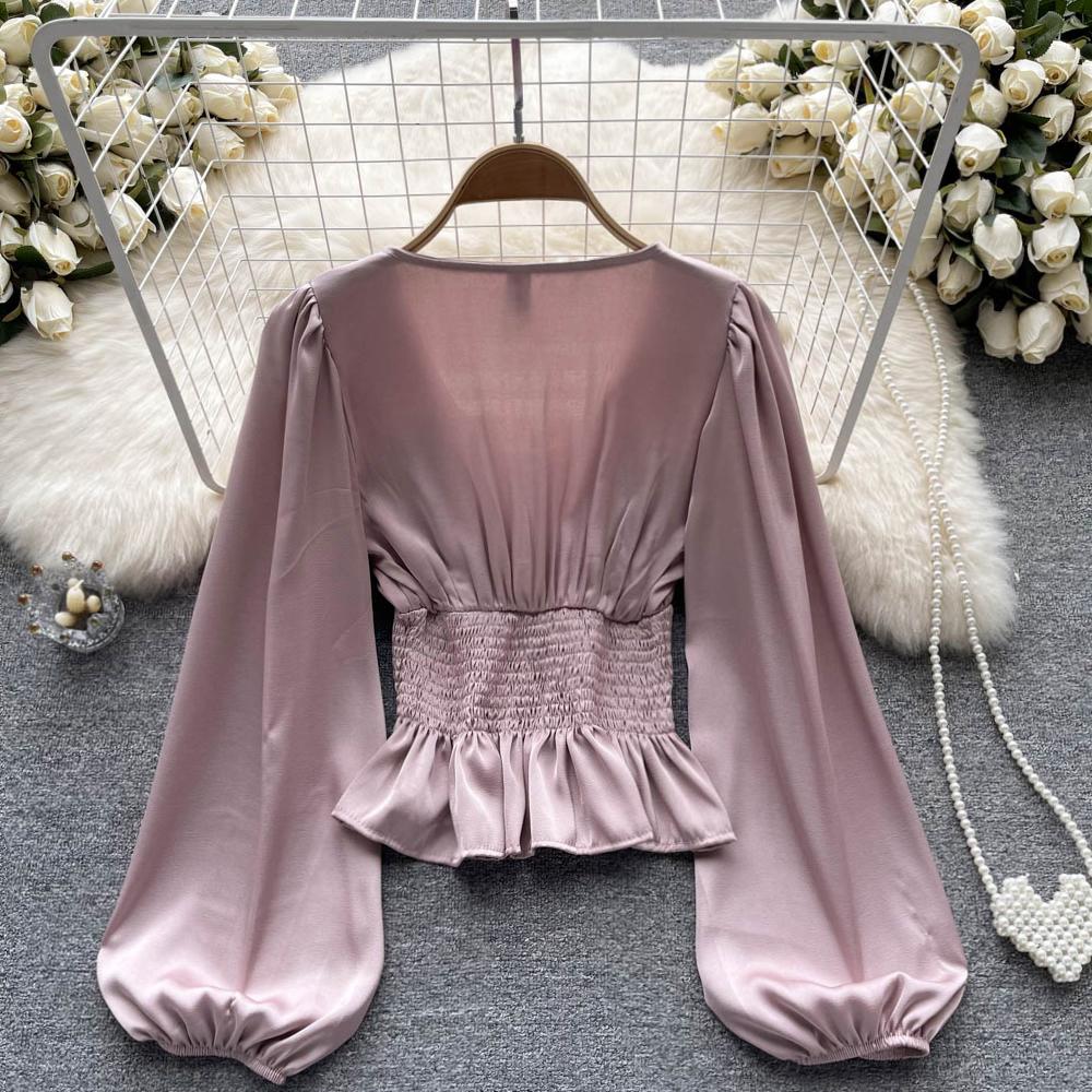 RUGOD Dámská podzimní košile s úzkým pasem a čtvercovým límcem, krásná košile s dlouhým rukávem