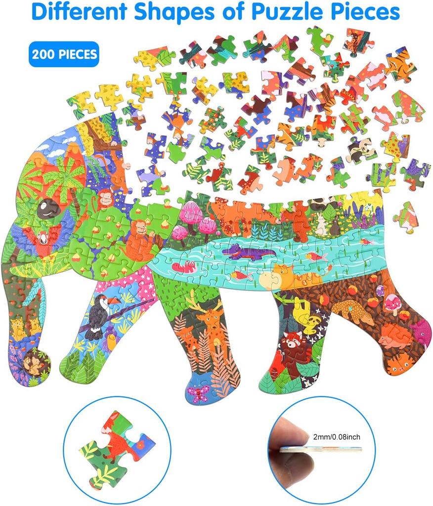 Puzzle Fil Çocuklar, Yapboz 200 Parça Hayvan Bulmacası Oyuncak 3 4 5 6 7 8 9 Yaşındaki Yürümeye Başlayan Çocuklar Erkekler Kızlar için Çocuk Bulmacası Hediyesi