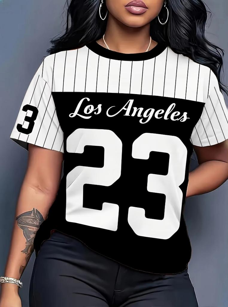 New Summer Womens Los Angeles 23 Graphic Fashion T Shirt Striped Short Sleeve O-Neck Daily Top Female Creativity Sport Home Tee