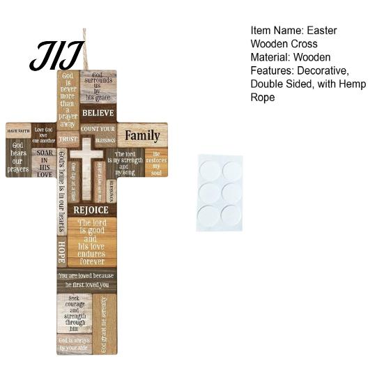 Rustic Wall Decor Easter Wooden Cross Ornament, Hanging Pendant with Hemp Rope for Decor, Religious Home Decoration, Solid Wood Scripture Sign