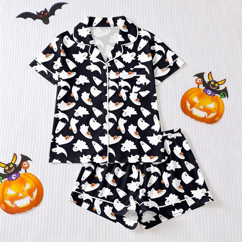 Women's Halloween Pajama Set with Short Sleeve Button Down Shirt and Shorts