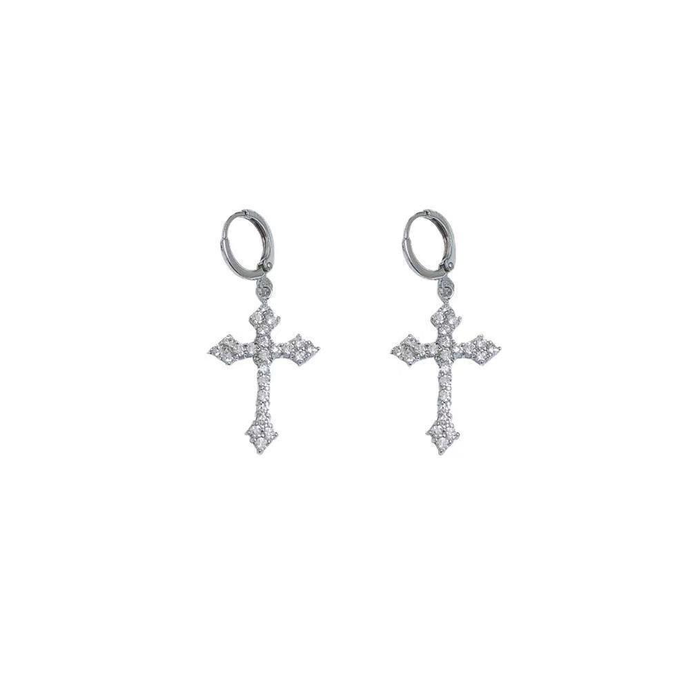 Super flash full diamond cross earrings women's niche temperament long stud earrings rhinestone ear buckles fashion earrings