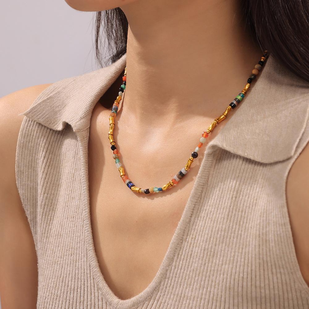 Bohemian Gold-Plated Beaded Choker with Colorful Natural Stones