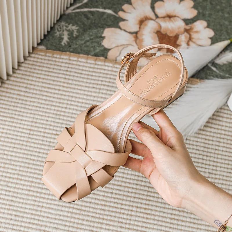 

New Shoes for Women Sandals Summer Retro Gladiator Pumps Knit Style Casual High Heels Casual Shoes 43 хакі
