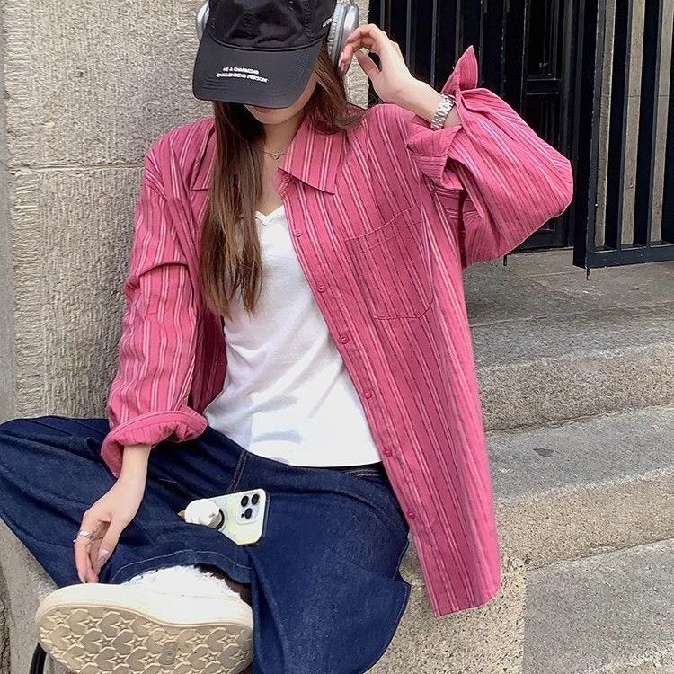 

Весна-Осень Ленивая Полосатая Рубашка с Длинным Рукавом для Женщин Одежда Молодого Мяса Покрытие Свободная Повседневная Солнцезащитная Рубашка Куртка L