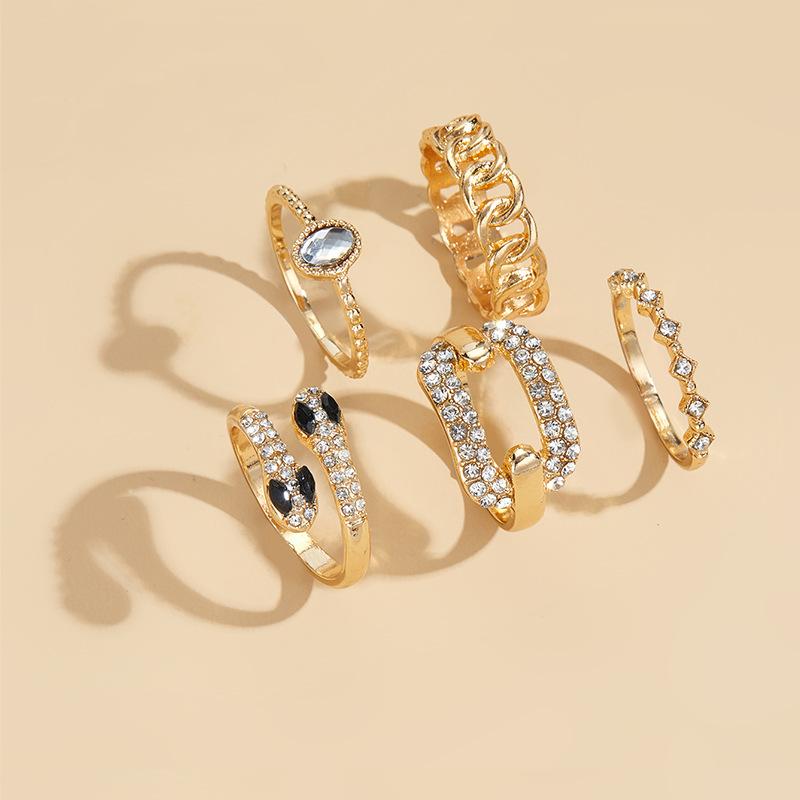INS Style Alloy Rings, Cross-border Minimalist Light Luxury Snake Stackable Ring Set Diamond Inlaid Women Couple Rings