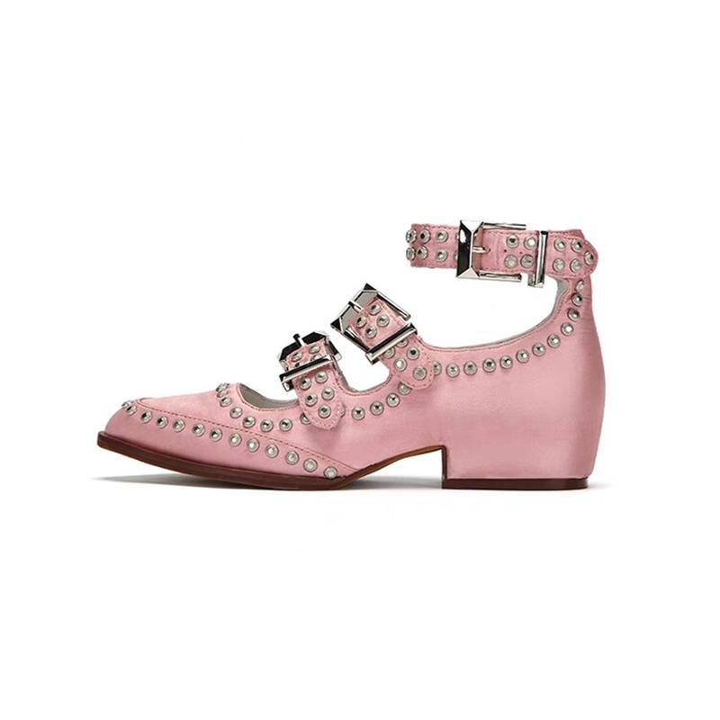 Fashion New Style Round Toe Riveted High Heels Women's Thick Heels Ankle Frenulum Microfiber/Satin Fashion Pearl  Ladies Large Size 43