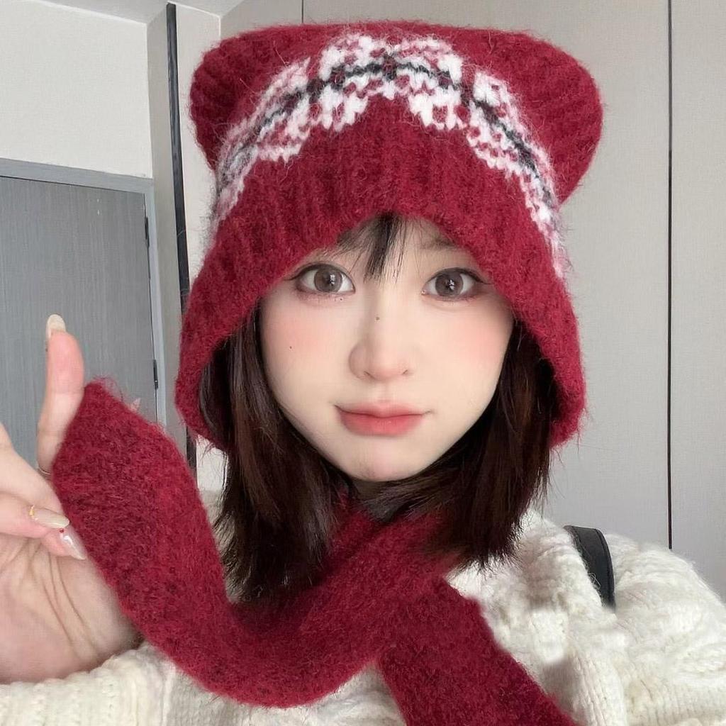 Cute Wool Blended Bear Hat for Women in Autumn and Winter Maillard Face Showing Small Warm Ear Protection Scarf Integrated Woolen Hat