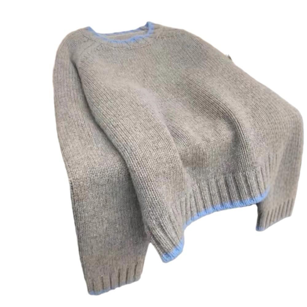 Women's European Style Color Block Heavyweight Wool Cardigan - Autumn/Winter, Loose Fit, Soft, Round Neck, Short Knit Sweater