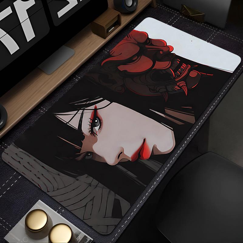 Gaming Mouse Pad Large Desk Mat Antislip Stitched Edges Dark Anime Girl Mask Print Waterproof Mat for Home Use