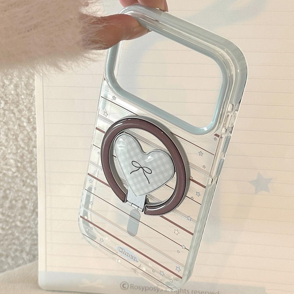 Love Magnetic Holder for Apple 17 Promax Phone Case 15 Blue Brown Bow for IPhone 16 Korean 13 Soft