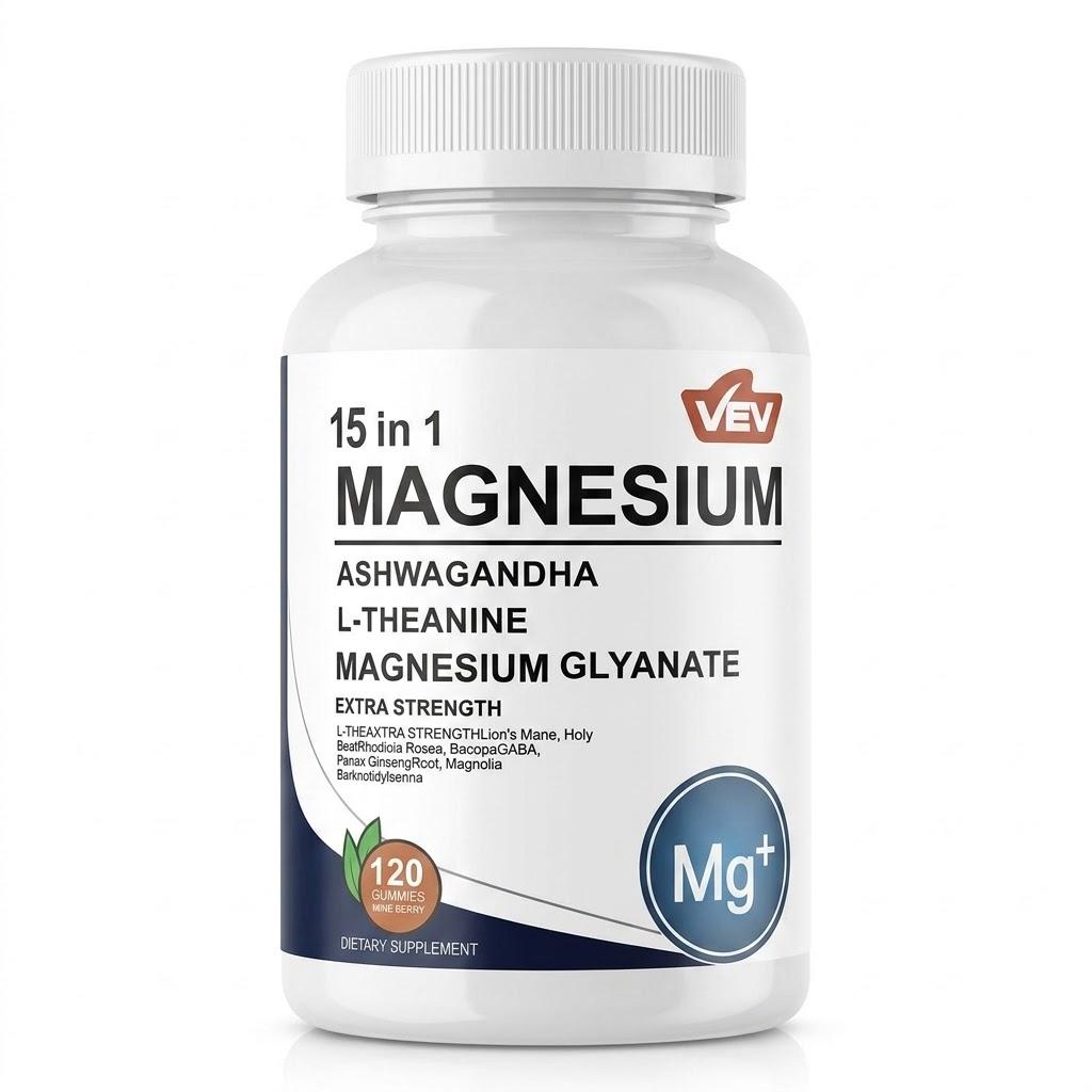 15-in-1 Magnesiumcitrat & Glycinat Komplex Kapseln, Cortisol-Unterstützung mit Ashwagandha & L-Theanin, Essbar 1PACK