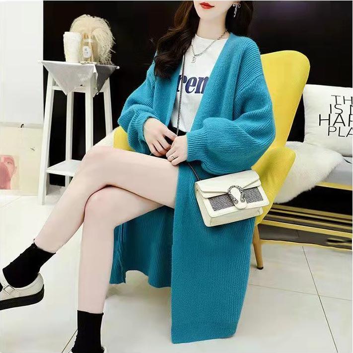Mid-length Cardigan Sweater for Women's Autumn and Winter Wear Loose Large-sized Cardigan Long-sleeved Solid Color Knitted Coat