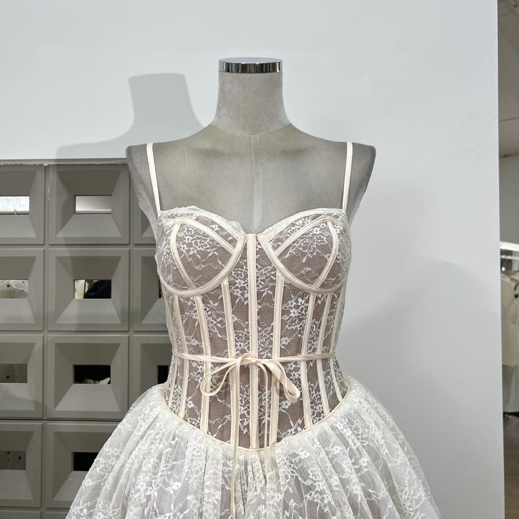 Sweet & Spicy Lace Waist-Cinched Puffy Strap Mini Dress for Parties - Autumn/Summer