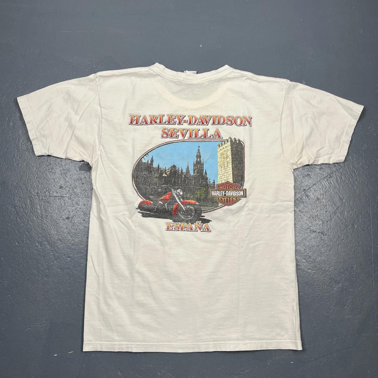 

Y2K Harley Davidson Graphic Tshirt Sevilla, Spain White Large Dbl Sided VTG L