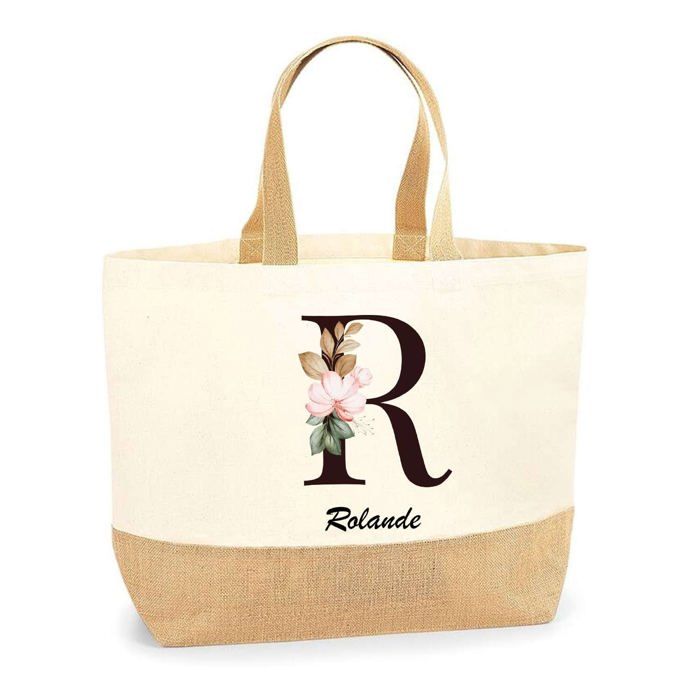 Cabas de Plage - PLANETEE - Rolande Lettre Fleur - Jute naturel - Multicolore - Fabriqué en France