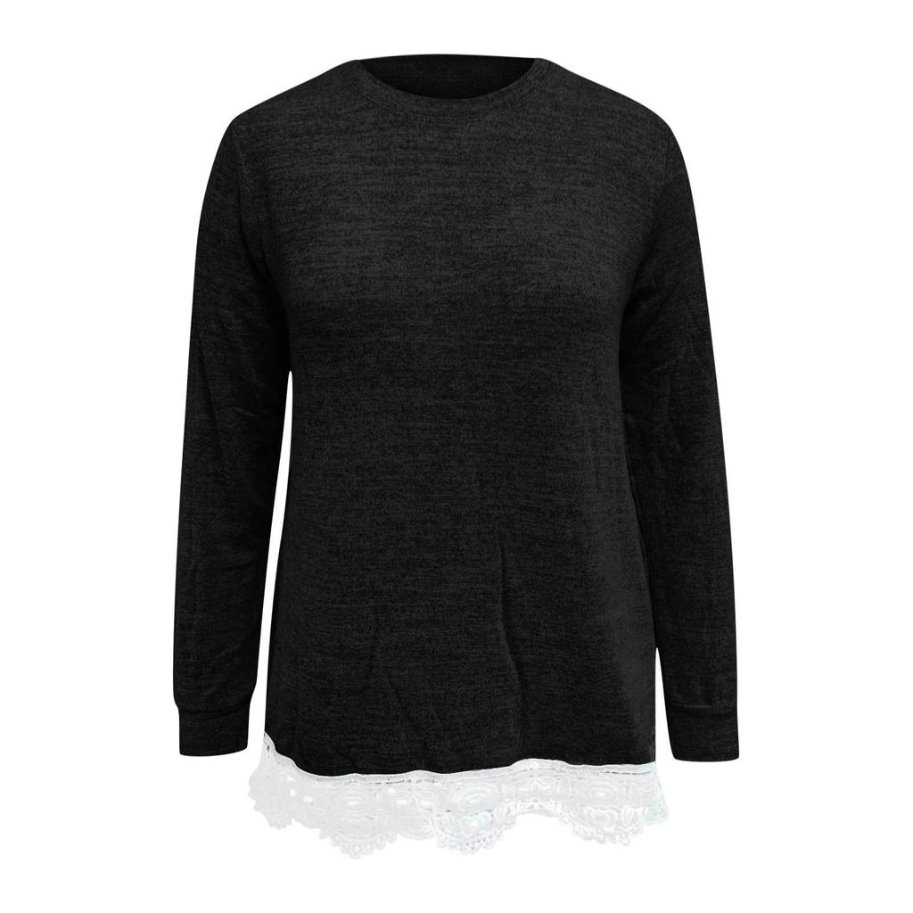 Women's /winter Fashion Round Neck Loose Casual Pullover Pocket Lace Stitching Top