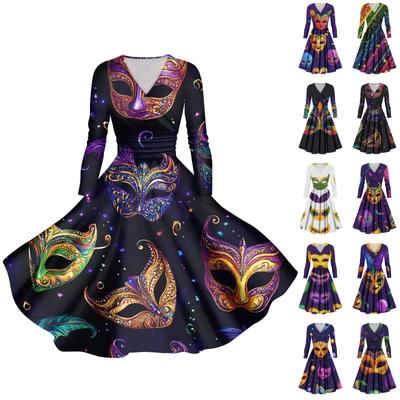 Vestido Casual de Moda para Mujer con Estampado de Carnaval, Manga Larga, Cuello en V, Sexy, con Bolsillo