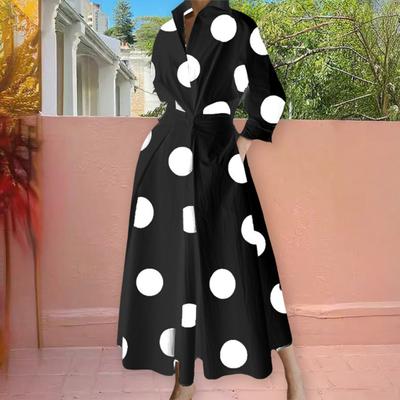 Damen Boho Ein-Knopf Wickelhemdkleid Polka Dots Print Langarm Maxikleid Reverskragen V-Ausschnitt Langes Swingkleid