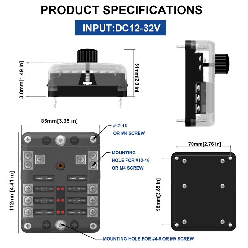 12Ways 6 Ways Car Boat Fuse Box Holder Blade Fuse Holder Block & Warning Indicator 32V 100A Power Distribution Panel Board