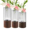 Elegant Transparent Flower Vase Wooden Base Hydroponic Flower Pot Glass Vase  Home