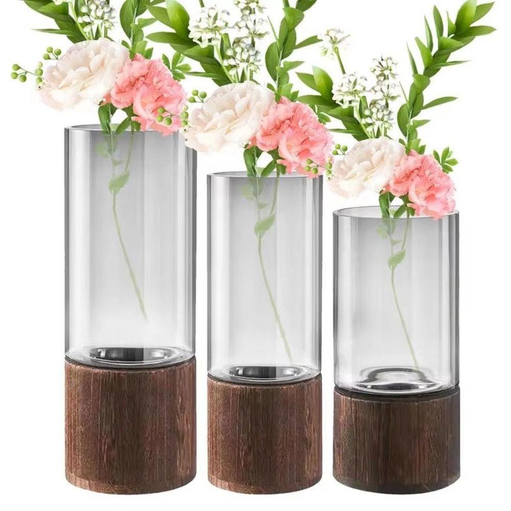 Elegant Transparent Flower Vase Wooden Base Hydroponic Flower Pot Glass Vase Home