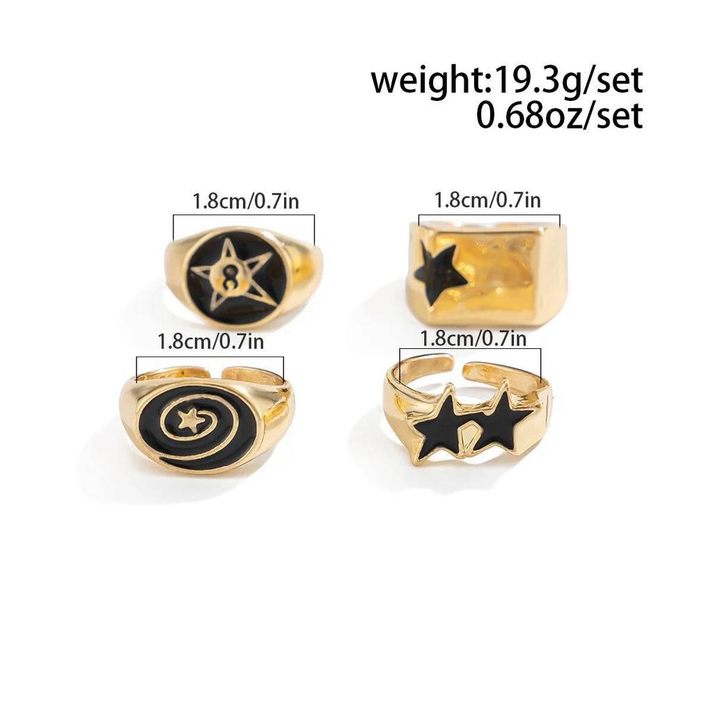 Salircon 4Pcs/Set Punk Five-Pointed Star Wide Rings for Men Hip Hop Gold Color Geometric Thick Opening Finger Rings Jewelry Gift