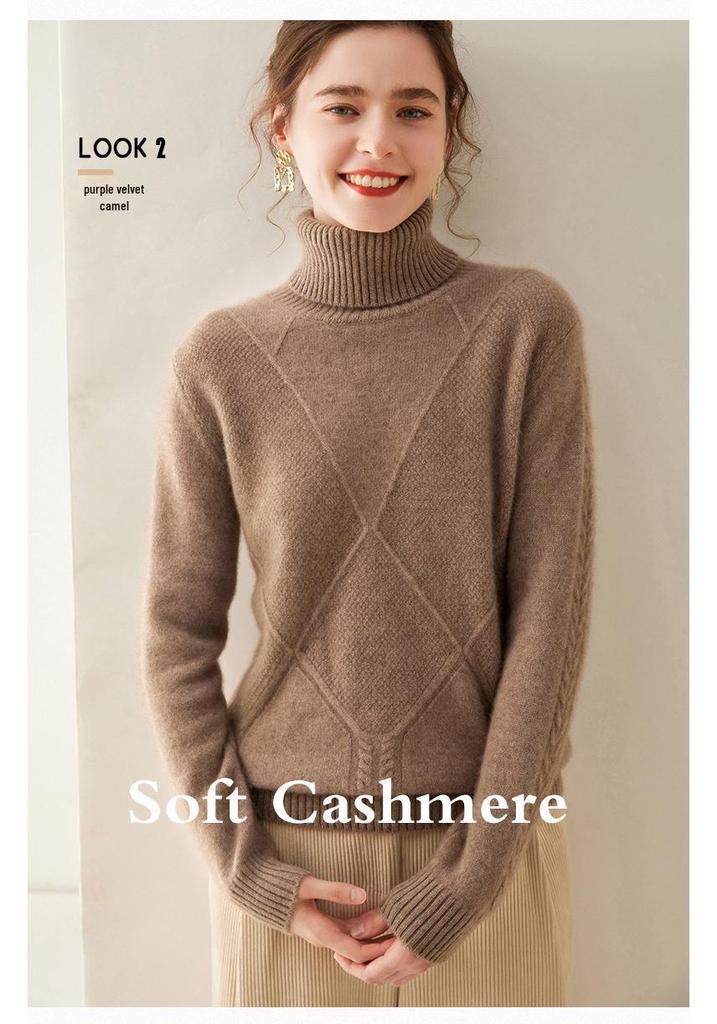 Cashmere Women's High-Neck Diamond Pattern Knit Sweater - Thickened Base Layer for Autumn/Winter Fashion