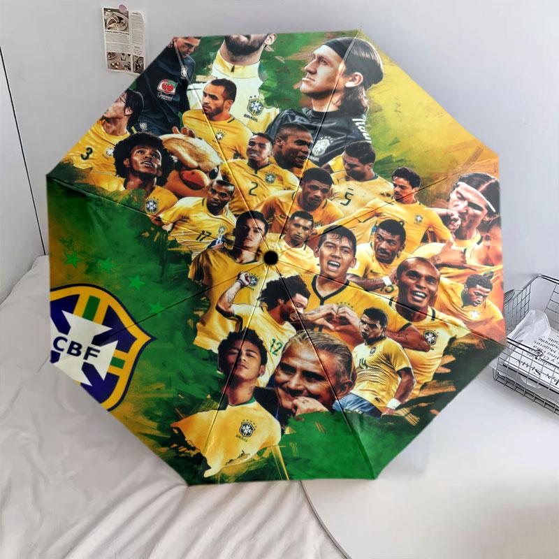 1 PC Automatic Folding Umbrella - Brazil National Football Team Pattern, Portable & Foldable Design with 8 Ribs, Christmas Birthday Gifts