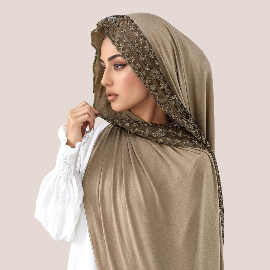 Premium Lace Jersey Hijab Scarf For Women Muslim Embroidered Flowers Hijabs Long Shawl Wraps Headband Scarves Muffler 170*60Cm