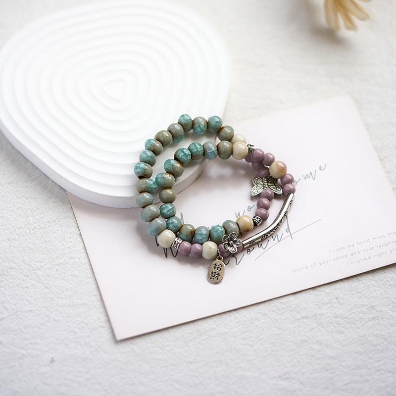 Jingdezhen Ceramic Bracelet New Chinese Style Student Antique Double Circle Beaded Bracelet Jewelry Hand-woven