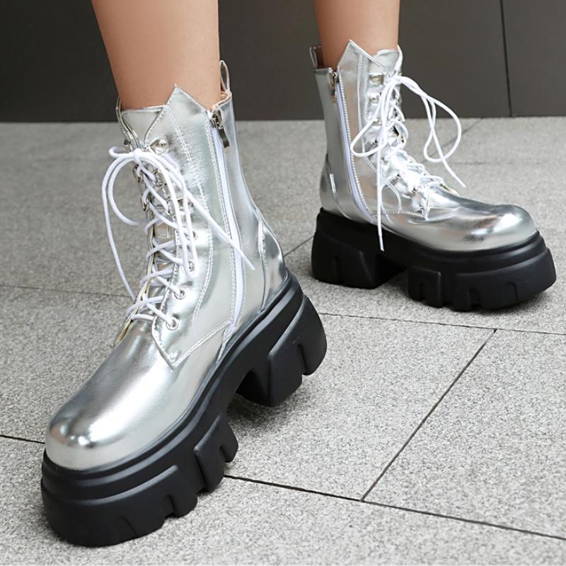 Fashion Platform Ankle Boots for Women New 2024 Winter Black Gold Silver Motorcycle Boots Punk Heel Zipper Party Shoes Lady Large Size