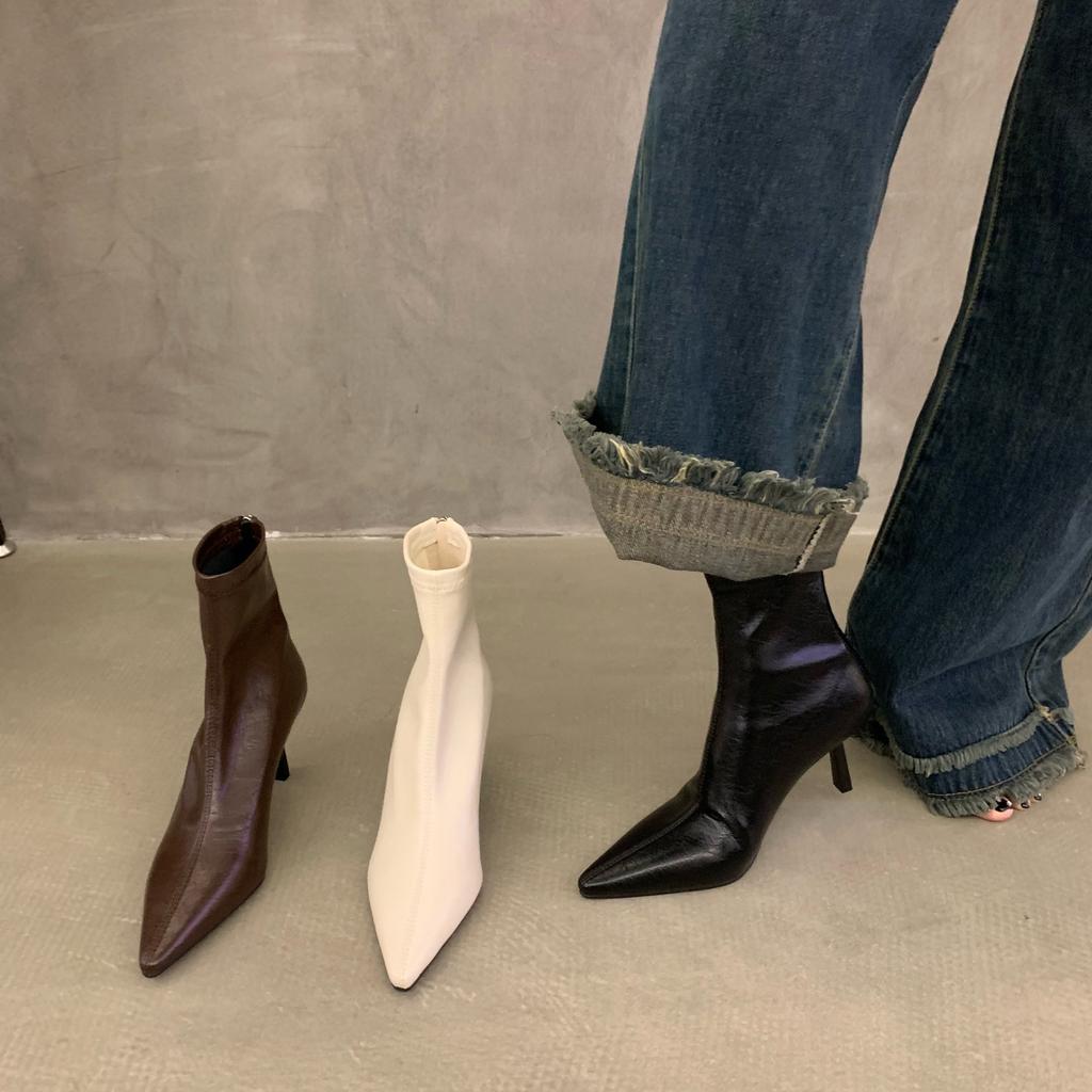 Thin heel high heel spring and autumn single boots pointed short boots women's shoes 2025 new white Korean thin small naked boots