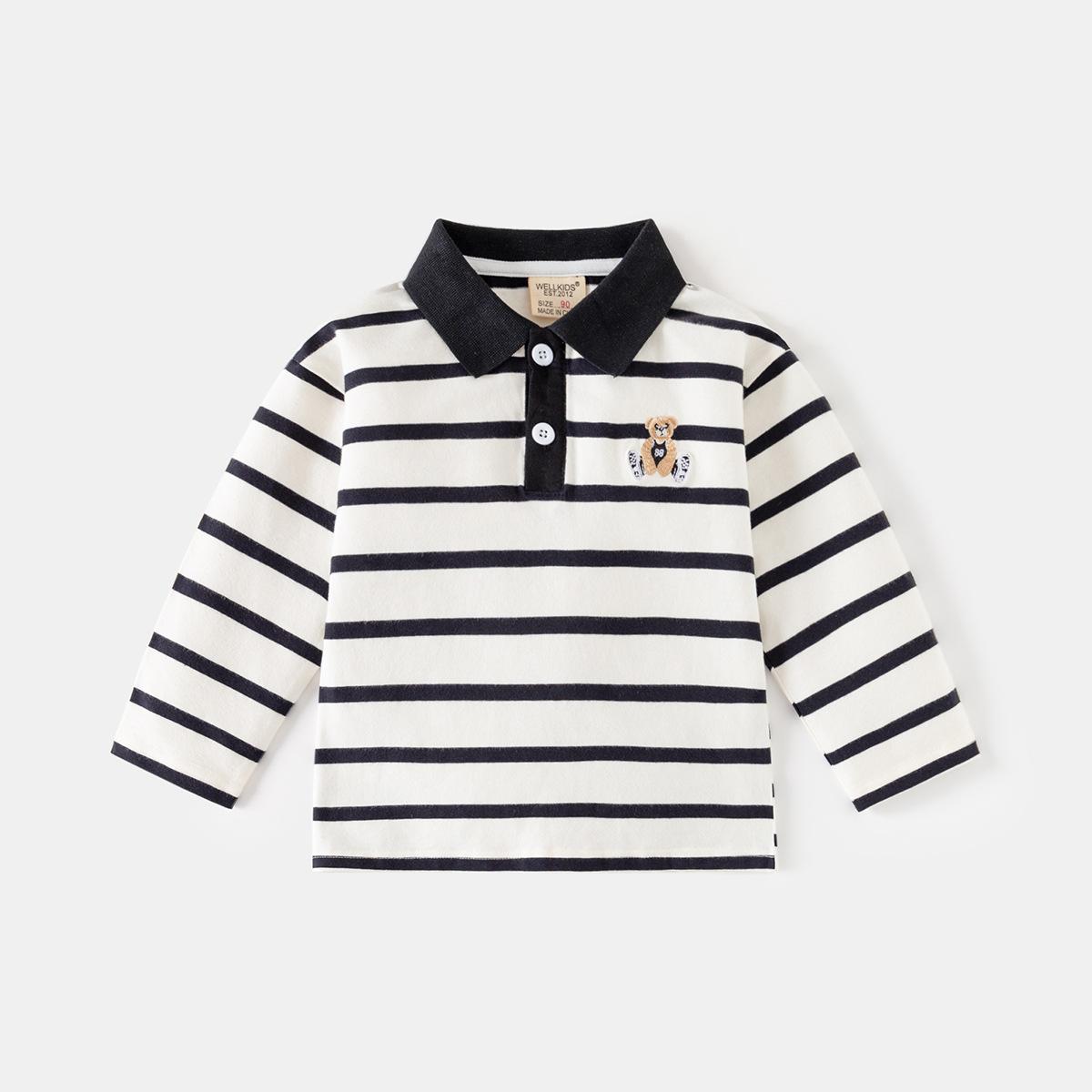 Boys Striped Polo Shirt Long Sleeve Embroidered Collared Top Casual Autumn Clothing Fashion for Toddler and Kids 90cm