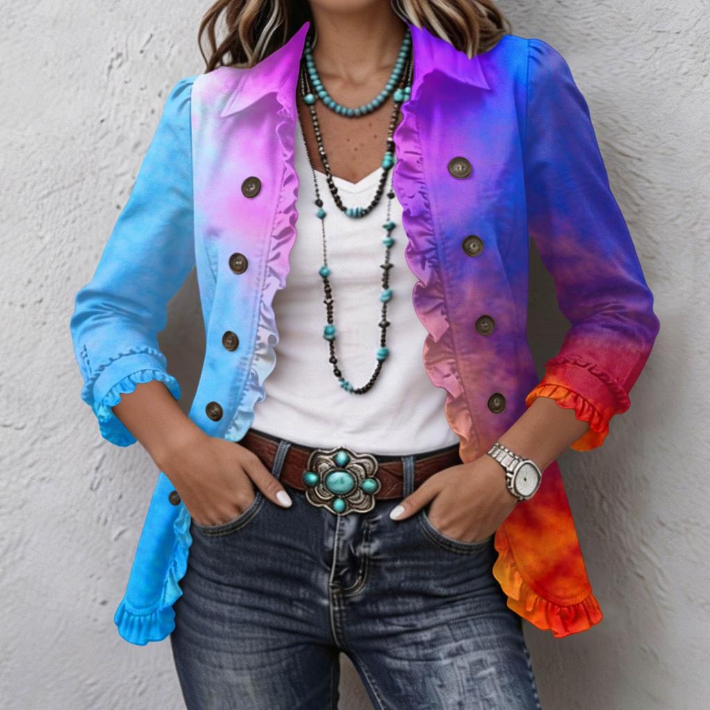 Damen-Hemdjacke mit Knopfleiste und Print, Langarm mit Rüschenbesatz für lässige Alltagsmode