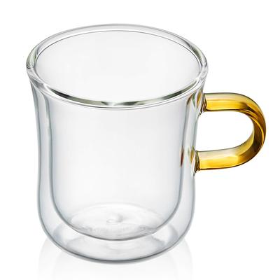 Pokaro Tee Doppelwandige Hitzebeständige Glas Tasse (1 Tasse) mit bernsteinfarbenem Griff, 270 ml Fassungsvermögen, hitzebeständiges Glas, Eistee-Glas, doppelwandig