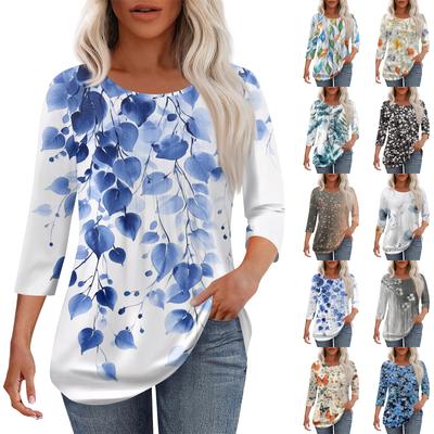Women's Fashion Casual Pleated Round Neck Casual Printed Three-quarter Sleeve T-shirt Top