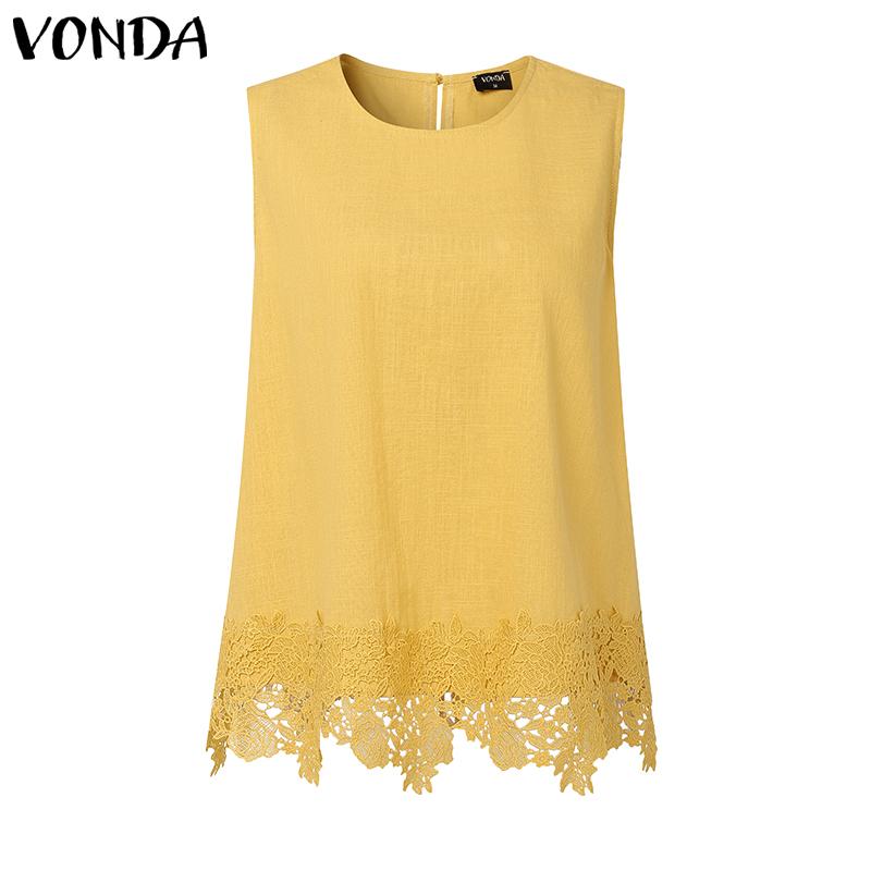 

VONDA Women O Neck Sleeveless Back Bow Lace Crochet Patchwork Casual Tank Tops 5XL жовтий