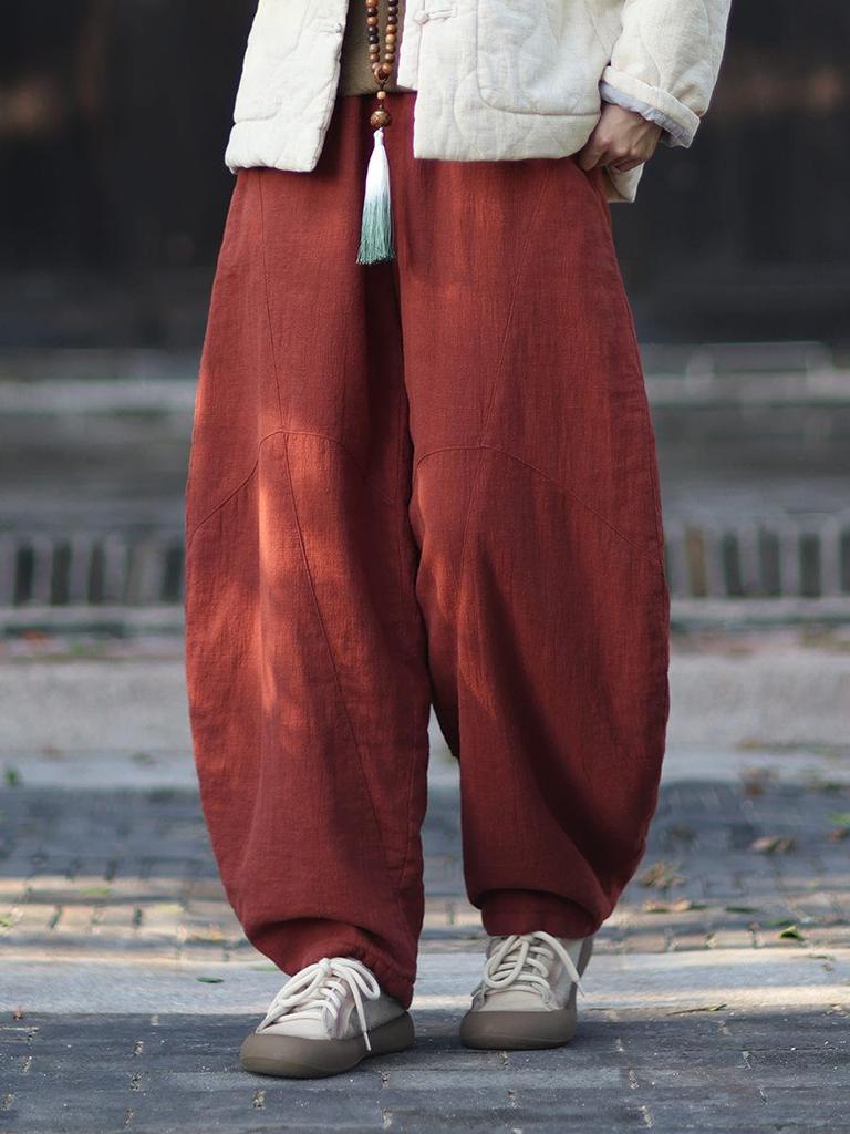 Women's Retro Ramie Sand-Washed Distressed Loose Lantern Pants for Meditation and Tai Chi