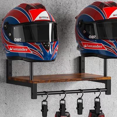 Wooden Motorcycle Helmet Rack With Shelf, Wall-Mounted Helmet Display Stand Compatible With Helmets - Holds 2 Helmets