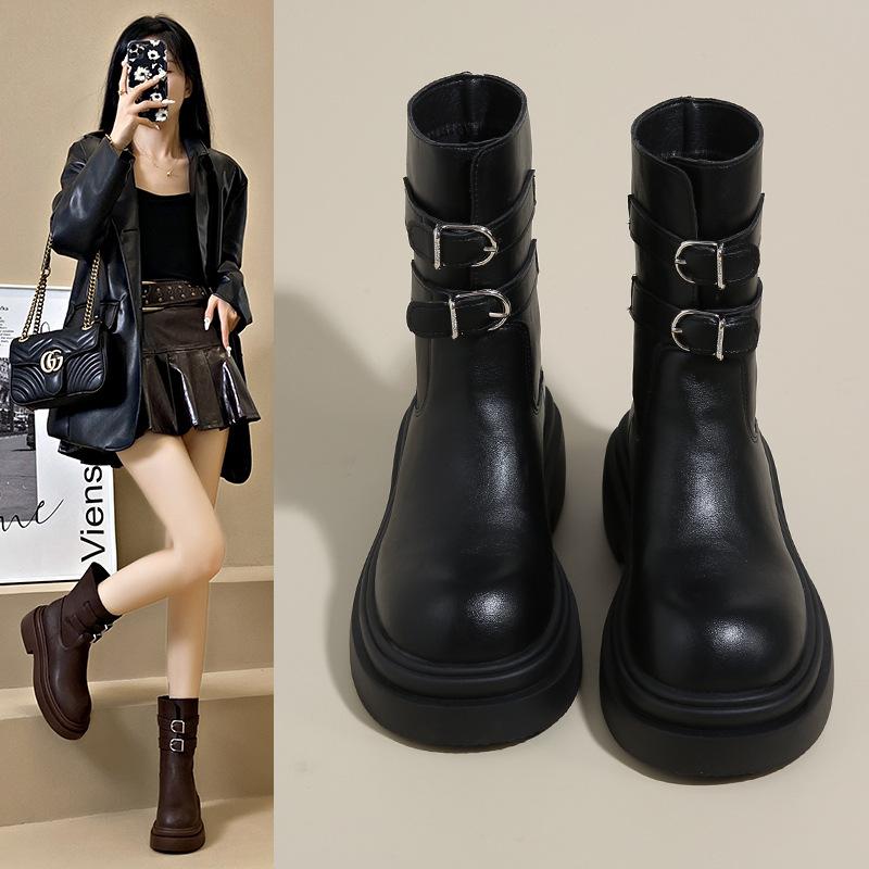 Leather fashionable belt buckle heightened platform locomotive short boots women's autumn and winter new medium and high leather boots knight boots