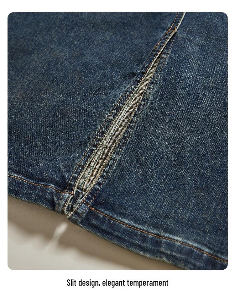 Women's Retro High-Waisted A-Line Denim Skirt - Mid-Length, Slit, Hip-Hugging for Petite Girls - Spring/Autumn Style