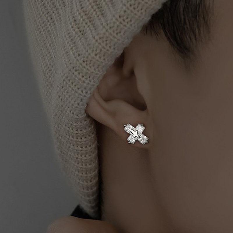 Men Cross Stud Earrings Hip Hop Punk Rock Crystal Geometric Ear Jewelry