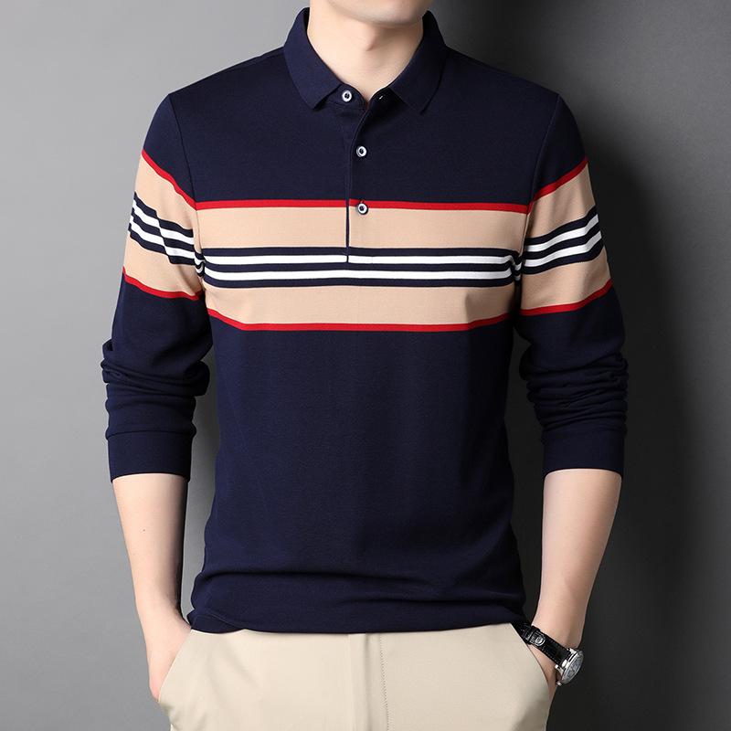 

Весна и осень Новые мужские полосатые футболки, модные повседневные футболки с лацканами, мужские рубашки поло с длинными рукавами для пап среднего возраста в тренде XXXL